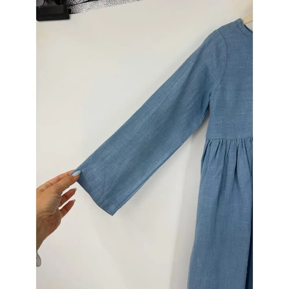 Hand Made 100% Linen Girls 6 Midi Dress Blue Cottagecore Boho Scandinavian